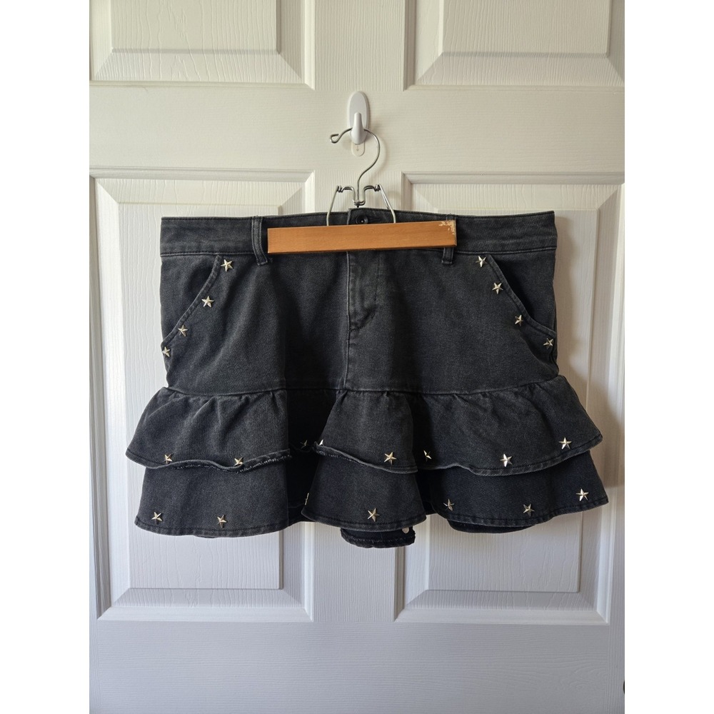 Social Collision Black Jean Mini Skirt Star Studs Ruffles Pockets Preppy Goth 2X
